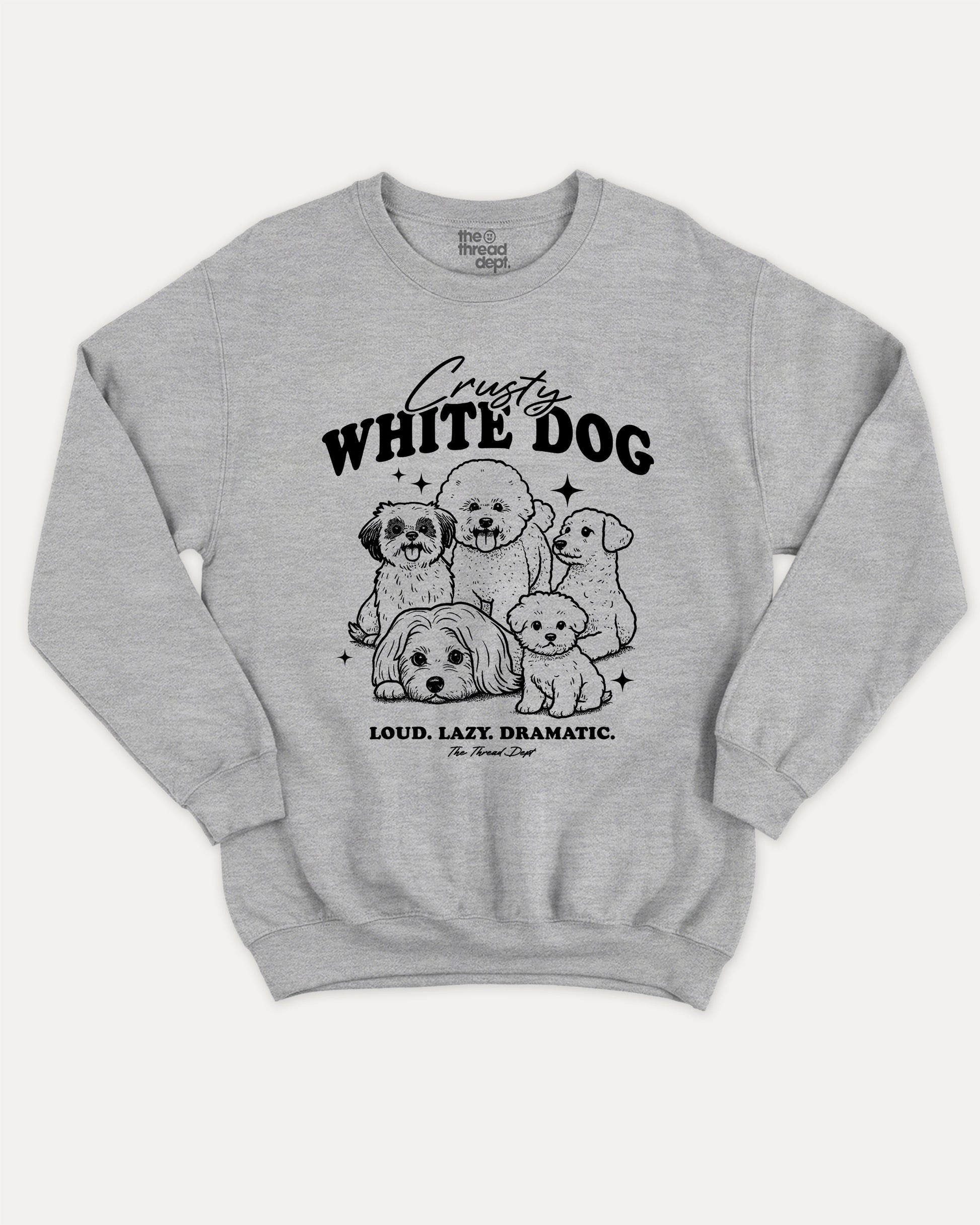 Crusty White Dog graphic sweatshirt with cute and humorous print, warm and cozy graphic for everyday wear. Perfect for adults and gift-giving. Heather Grey pullover.