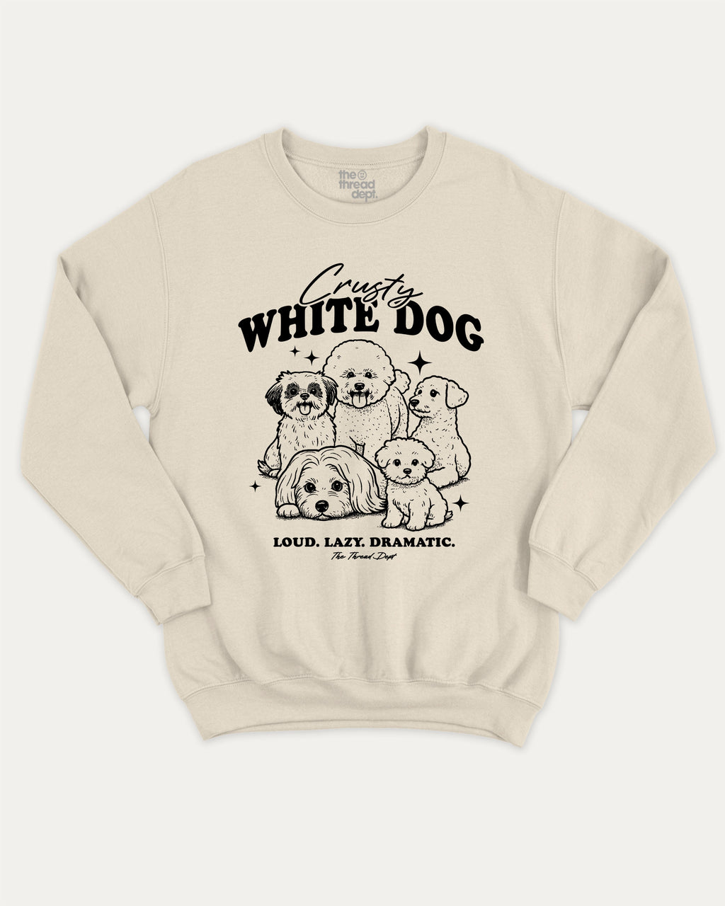Crusty White Dog graphic sweatshirt with cute and humorous print, warm and cozy graphic for everyday wear. Perfect for adults and gift-giving. Natural pullover.