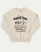 Crusty White Dog graphic sweatshirt with cute and humorous print, warm and cozy graphic for everyday wear. Perfect for adults and gift-giving. Natural pullover.