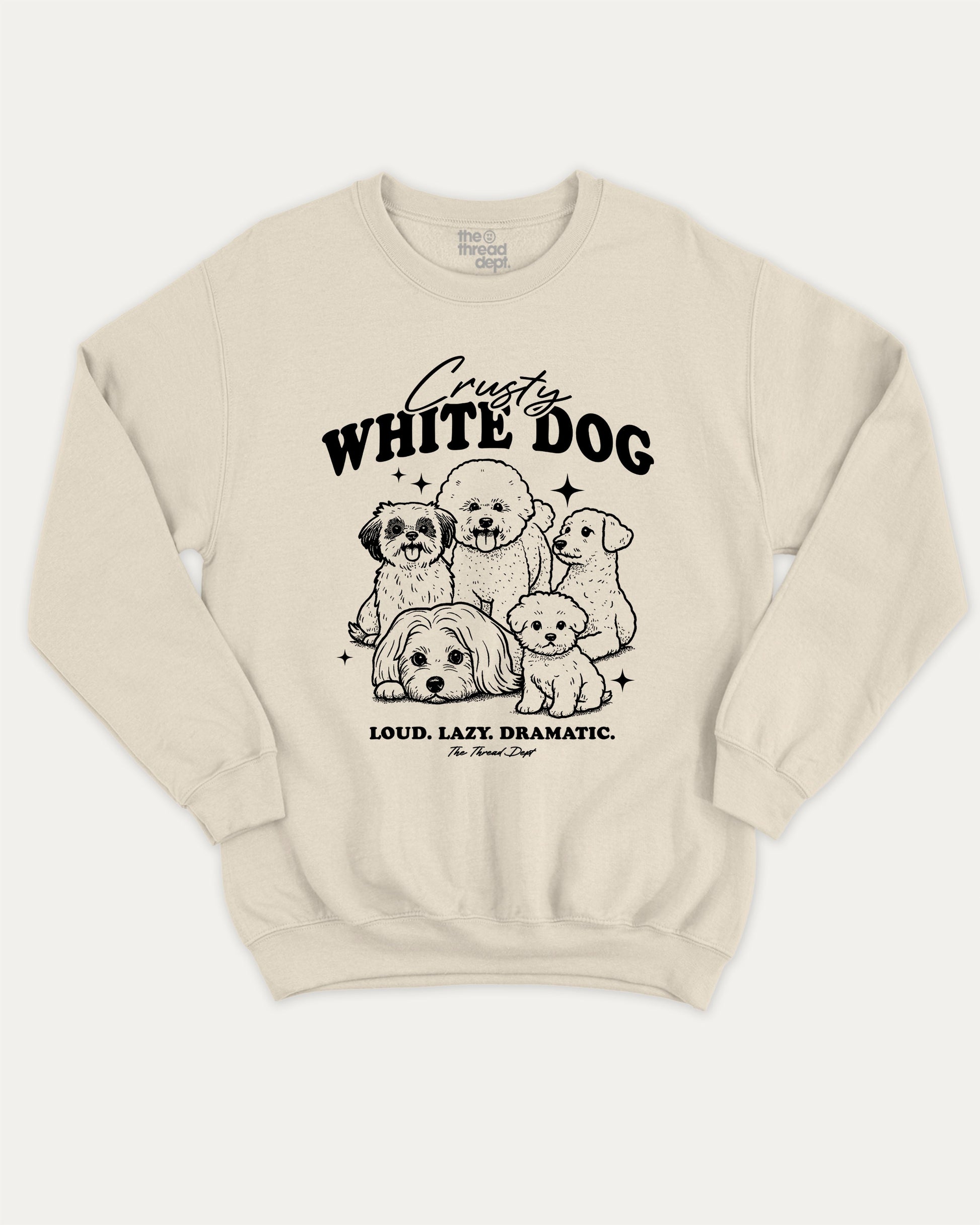 Crusty White Dog graphic sweatshirt with cute and humorous print, warm and cozy graphic for everyday wear. Perfect for adults and gift-giving. Natural pullover.