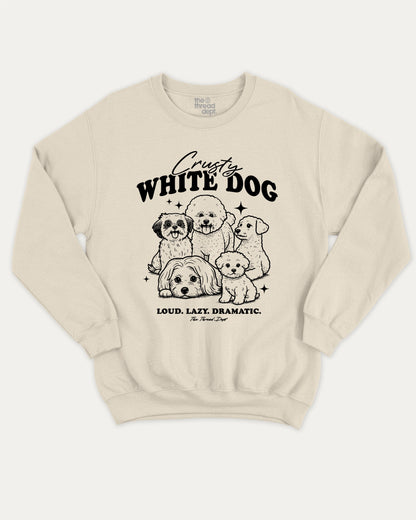 Crusty White Dog graphic sweatshirt with cute and humorous print, warm and cozy graphic for everyday wear. Perfect for adults and gift-giving. Natural pullover.