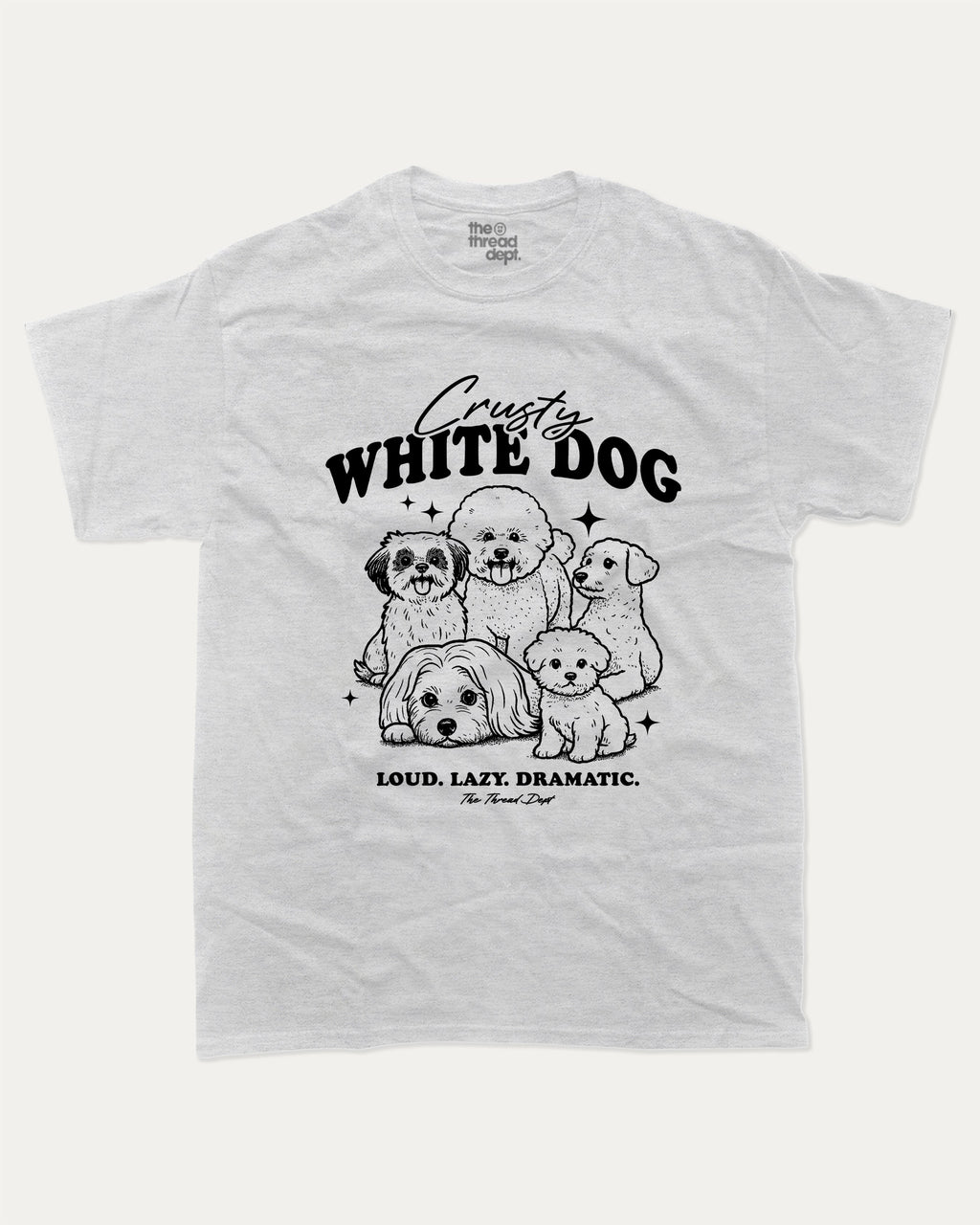 Crusty White Dog graphic tee with bold and humorous print, funny dogs graphic. Perfect for adults and gift-giving. Ash Grey shirt.