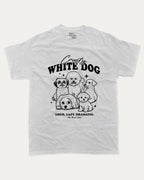 Crusty White Dog graphic tee with bold and humorous print, funny dogs graphic. Perfect for adults and gift-giving. Ash Grey shirt.