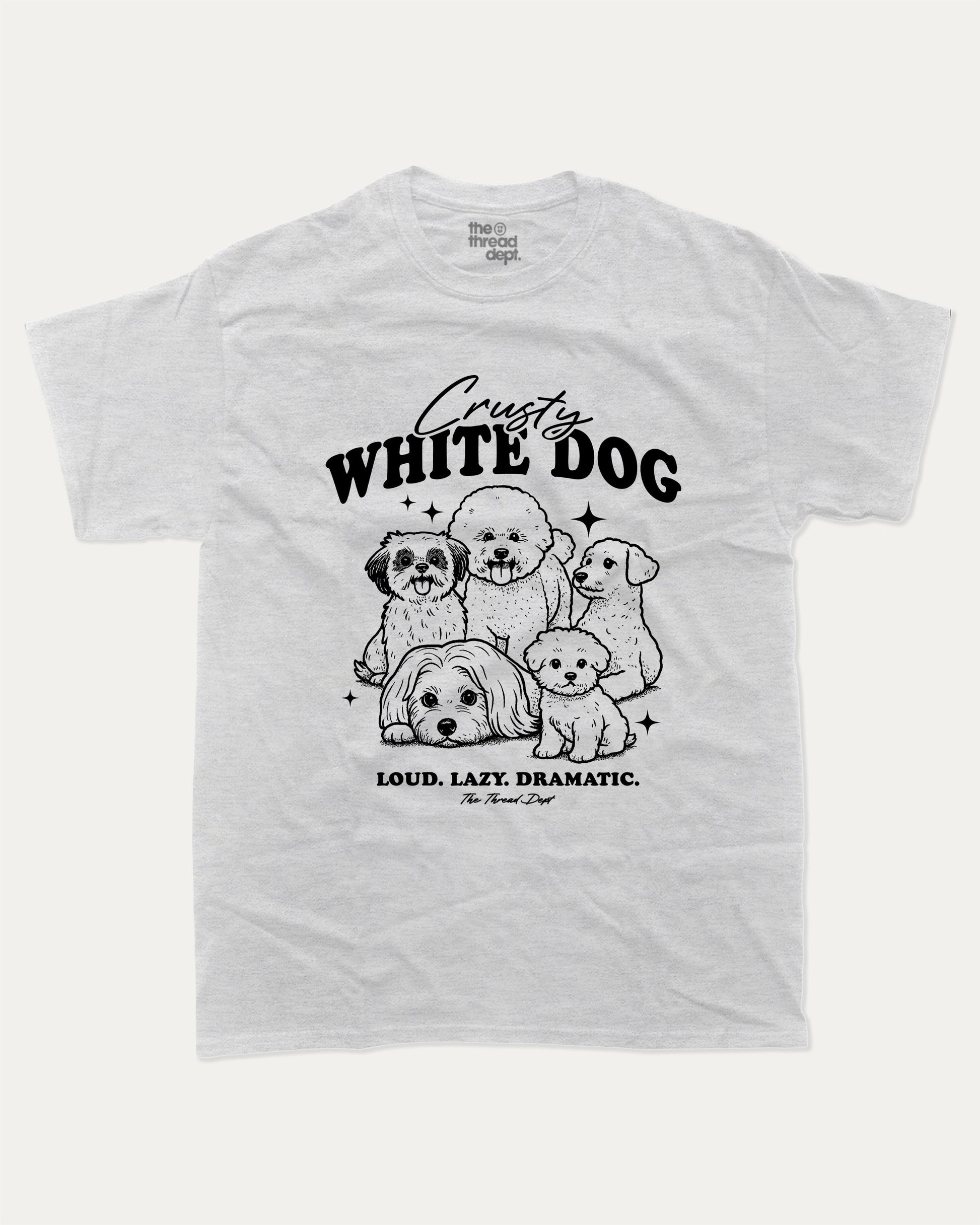 Crusty White Dog graphic tee with bold and humorous print, funny dogs graphic. Perfect for adults and gift-giving. Ash Grey shirt.