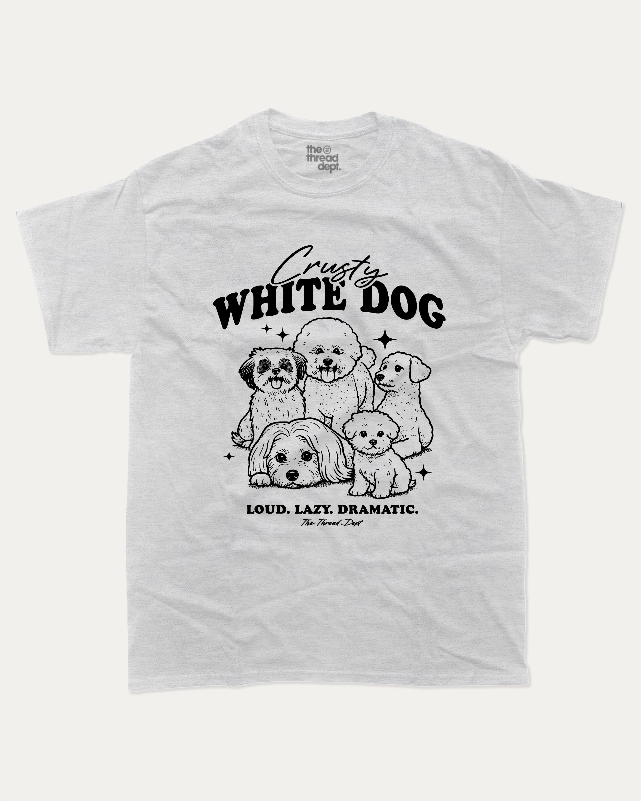 Crusty White Dog graphic tee with bold and humorous print, funny dogs graphic. Perfect for adults and gift-giving. Ash Grey shirt.