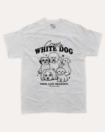 Crusty White Dog graphic tee with bold and humorous print, funny dogs graphic. Perfect for adults and gift-giving. Ash Grey shirt.