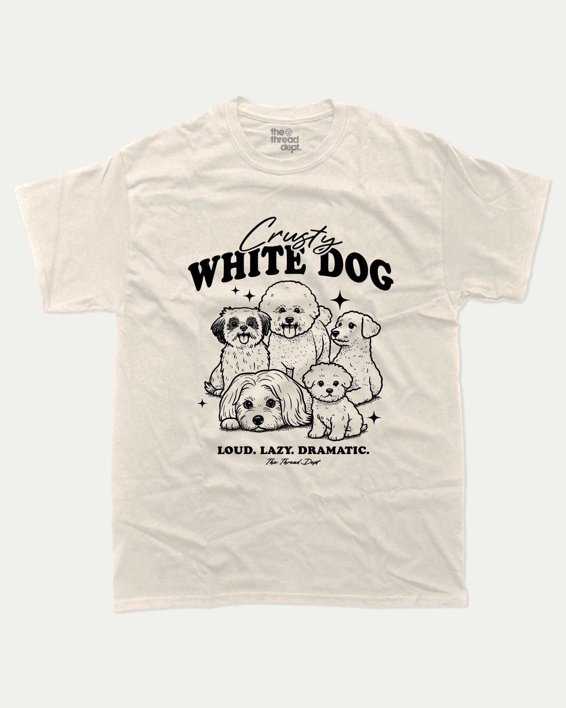 Crusty White Dog graphic tee with bold and humorous print, funny dogs graphic. Perfect for adults and gift-giving. Cream shirt.