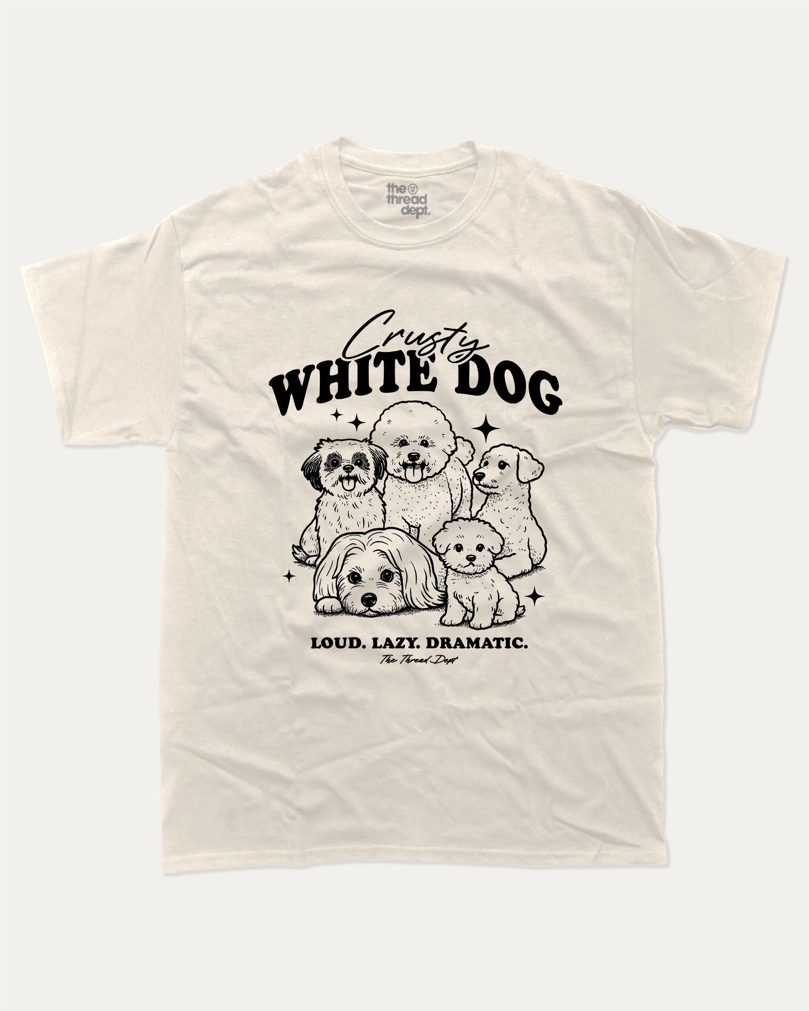 Crusty White Dog graphic tee with bold and humorous print, funny dogs graphic. Perfect for adults and gift-giving. Cream shirt.