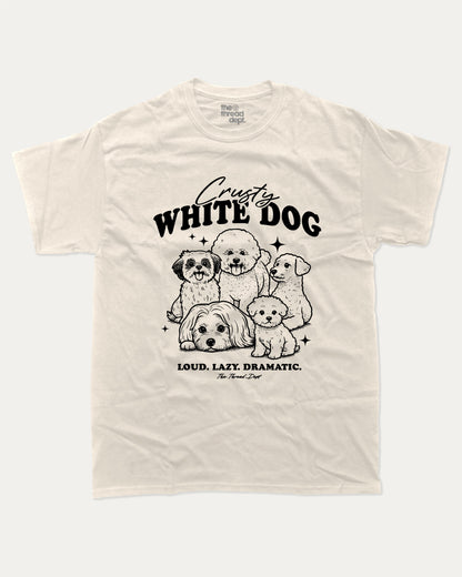 Crusty White Dog graphic tee with bold and humorous print, funny dogs graphic. Perfect for adults and gift-giving. Cream shirt.