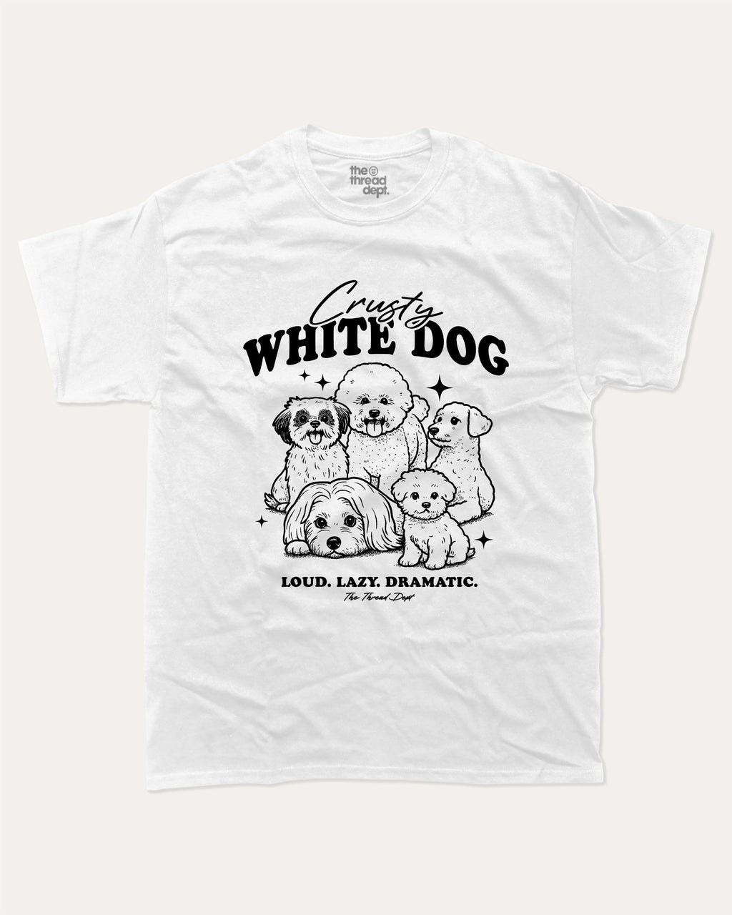 Crusty White Dog graphic tee with bold and humorous print, funny dogs graphic. Perfect for adults and gift-giving. White shirt.