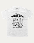 Crusty White Dog graphic tee with bold and humorous print, funny dogs graphic. Perfect for adults and gift-giving. White shirt.