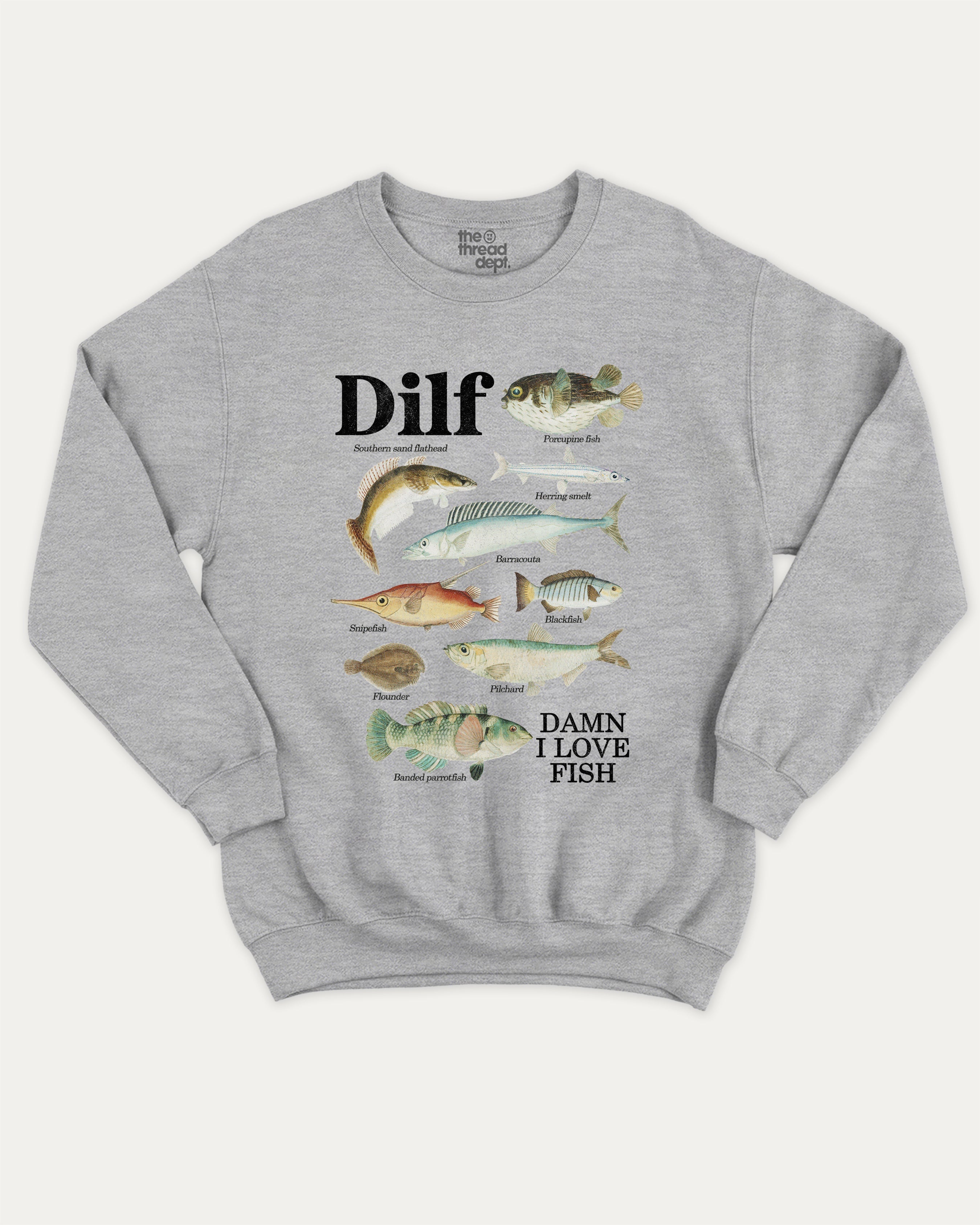 Damn I Love Fish graphic sweatshirt with bold and humorous print, Perfect Gift for Fish Lovers, Fish Guide Graphic Tee, warm and cozy graphic for everyday wear. Perfect for adults and gift-giving. Heather Grey pullover.