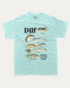 Damn I Love Fish graphic tee with bold and humorous print, Perfect Gift for Fish Lovers, Fish Guide Graphic Tee, funny and trendy graphic. Perfect for adults and gift-giving. Celadon shirt.