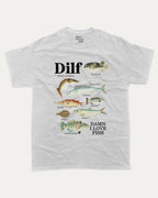 Damn I Love Fish graphic tee with bold and humorous print, Perfect Gift for Fish Lovers, Fish Guide Graphic Tee, funny and trendy graphic. Perfect for adults and gift-giving. Cream shirt.