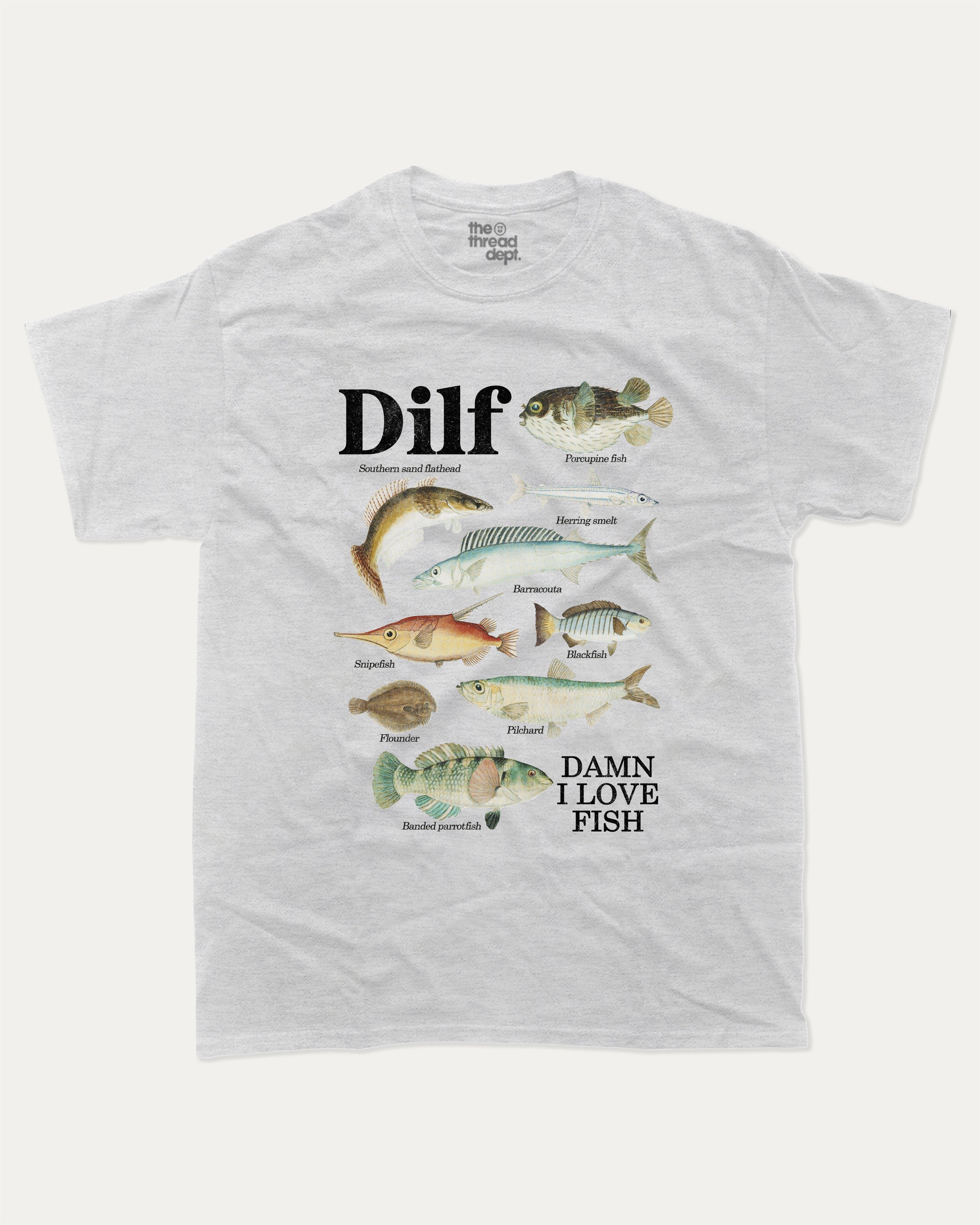 Damn I Love Fish graphic tee with bold and humorous print, Perfect Gift for Fish Lovers, Fish Guide Graphic Tee, funny and trendy graphic. Perfect for adults and gift-giving. Cream shirt.