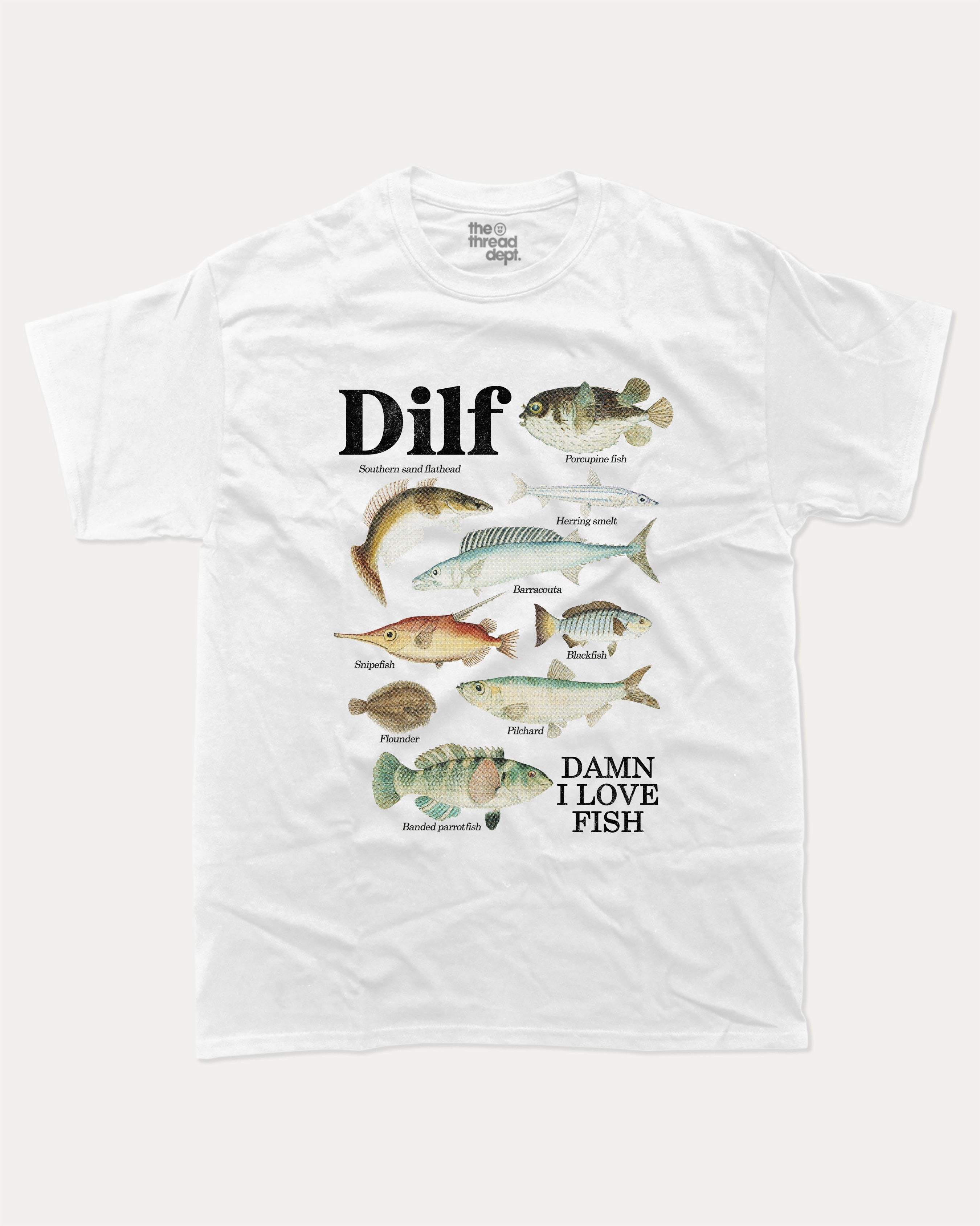 Damn I Love Fish graphic tee with bold and humorous print, Perfect Gift for Fish Lovers, Fish Guide Graphic Tee, funny and trendy graphic. Perfect for adults and gift-giving. White shirt.