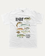Damn I Love Fish graphic tee with bold and humorous print, Perfect Gift for Fish Lovers, Fish Guide Graphic Tee, funny and trendy graphic. Perfect for adults and gift-giving. White shirt.