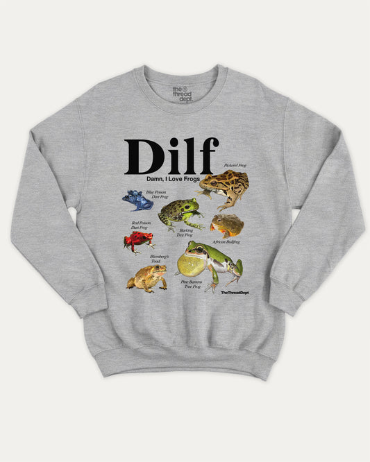 Damn I Love Frogs graphic sweatshirt with funny 'Dilf' frogs graphic, warm and cozy graphic for everyday wear. Perfect for adults and gift-giving. Heather Grey pullover.