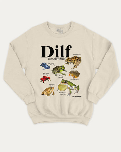 Damn I Love Frogs graphic sweatshirt with funny 'Dilf' frogs graphic, warm and cozy graphic for everyday wear. Perfect for adults and gift-giving. Natural pullover.