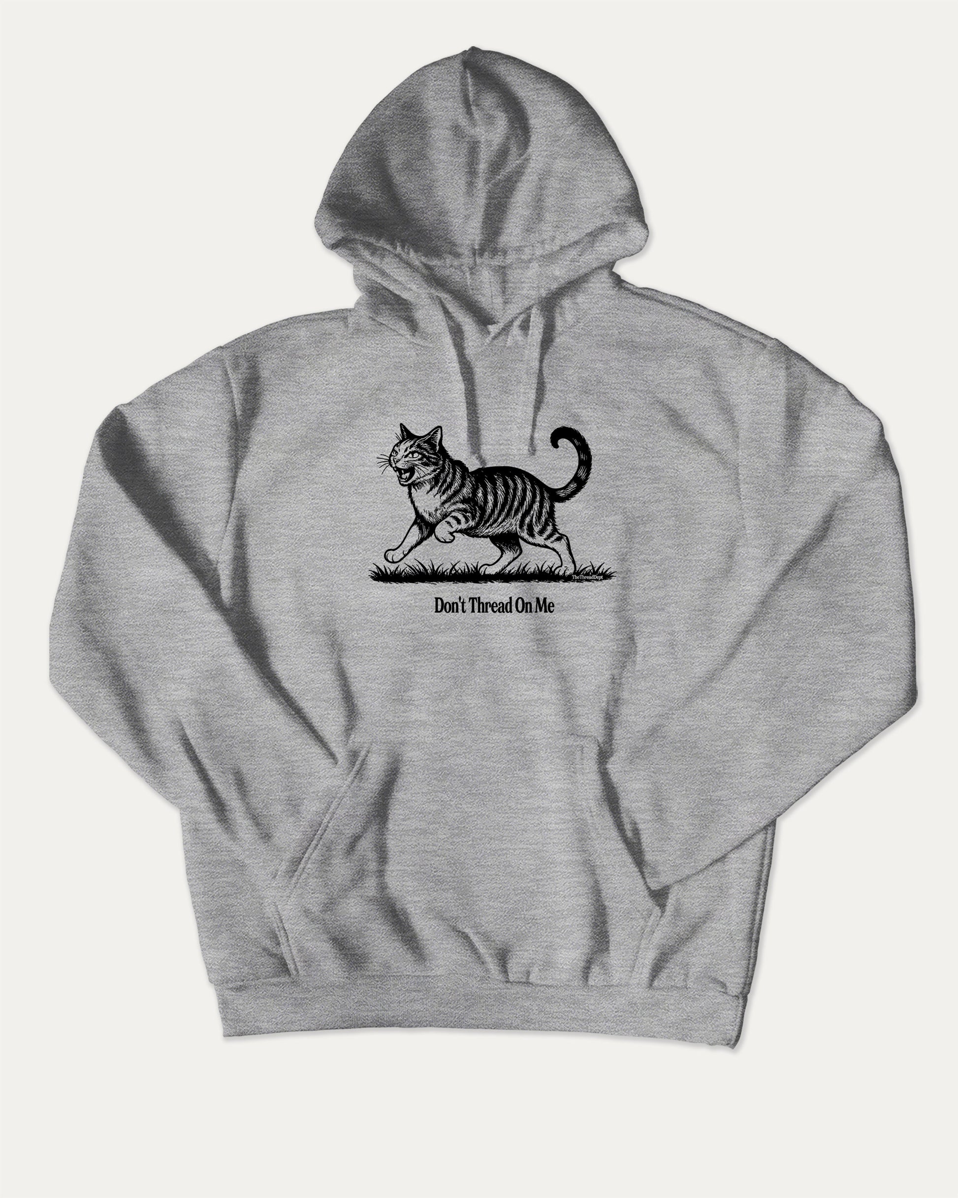 Don't Thread On Me Cat bold graphic hoodie, perfect for adults. A must-have graphic hoodie, cozy and cool, funny cat graphic. Heather Grey hoodie