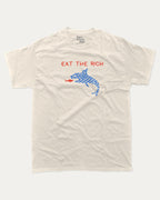 EAT THE RICH graphic tee with bold and humorous print, funny and trendy graphic. Funny Shark Graphic Tee, Funny meme T shirt,  Perfect for adults and gift-giving. Cream shirt.