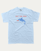 EAT THE RICH graphic tee with bold and humorous print, funny and trendy graphic. Funny Shark Graphic Tee, Funny meme T shirt,  Perfect for adults and gift-giving. Powder Blue shirt.