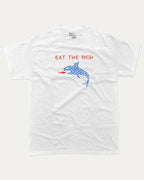 EAT THE RICH graphic tee with bold and humorous print, funny and trendy graphic. Funny Shark Graphic Tee, Funny meme T shirt,  Perfect for adults and gift-giving. White shirt.