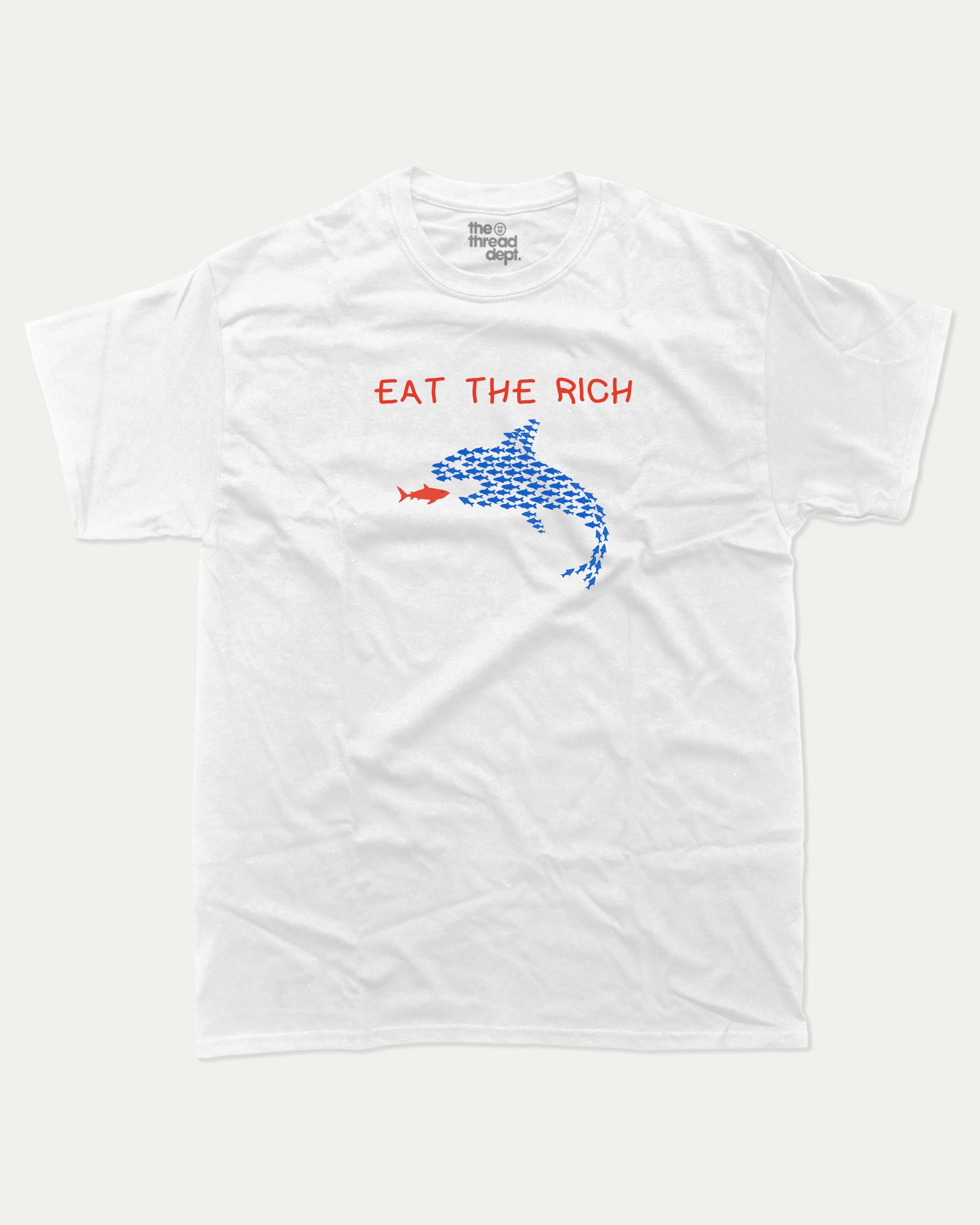 EAT THE RICH graphic tee with bold and humorous print, funny and trendy graphic. Funny Shark Graphic Tee, Funny meme T shirt,  Perfect for adults and gift-giving. White shirt.