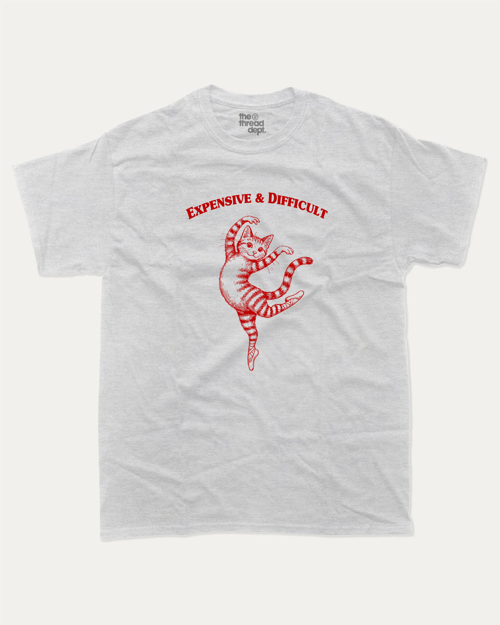 Expensive and Difficult graphic tee with bold and humorous print, Perfect Gift for Cat Lovers, Funny Cat Graphic tee, funny and trendy graphic. Perfect for adults and gift-giving. Ash Grey shirt.