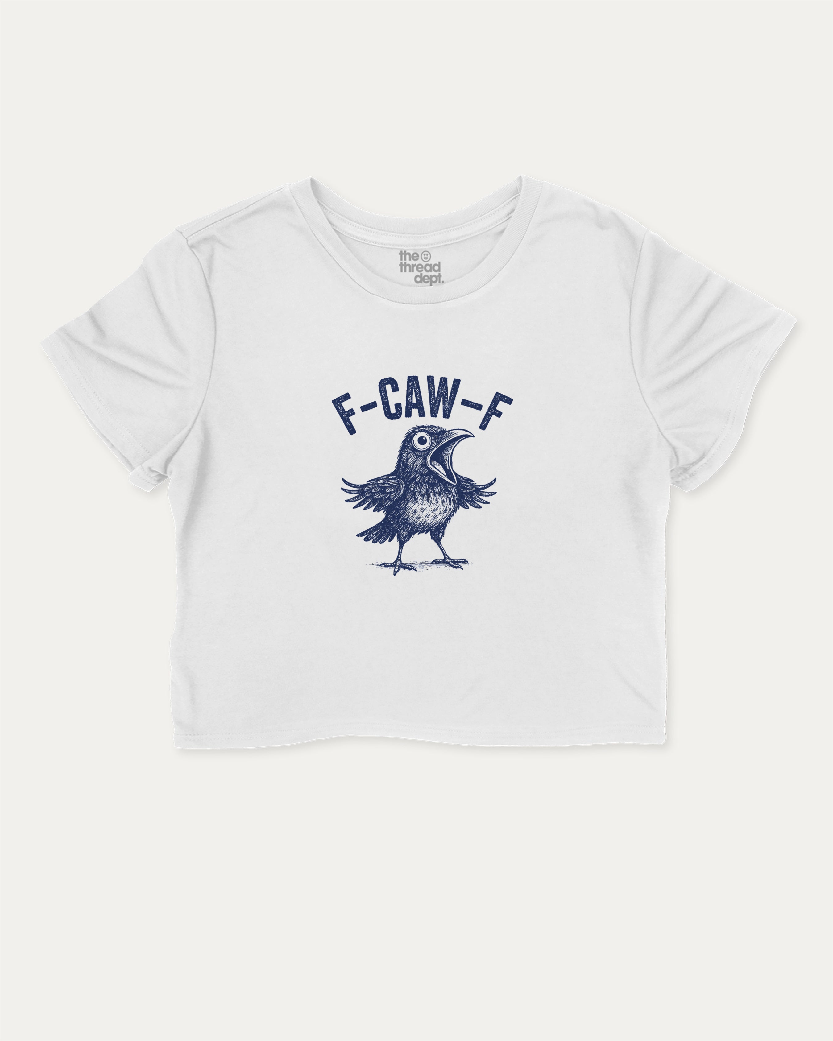 F-Caw-F Crow graphic crop tee with funny and trendy slogan print, Funny Animal Pun Words Graphic T shirt, perfect for women’s casual looks or layering. White crop t-shirt.