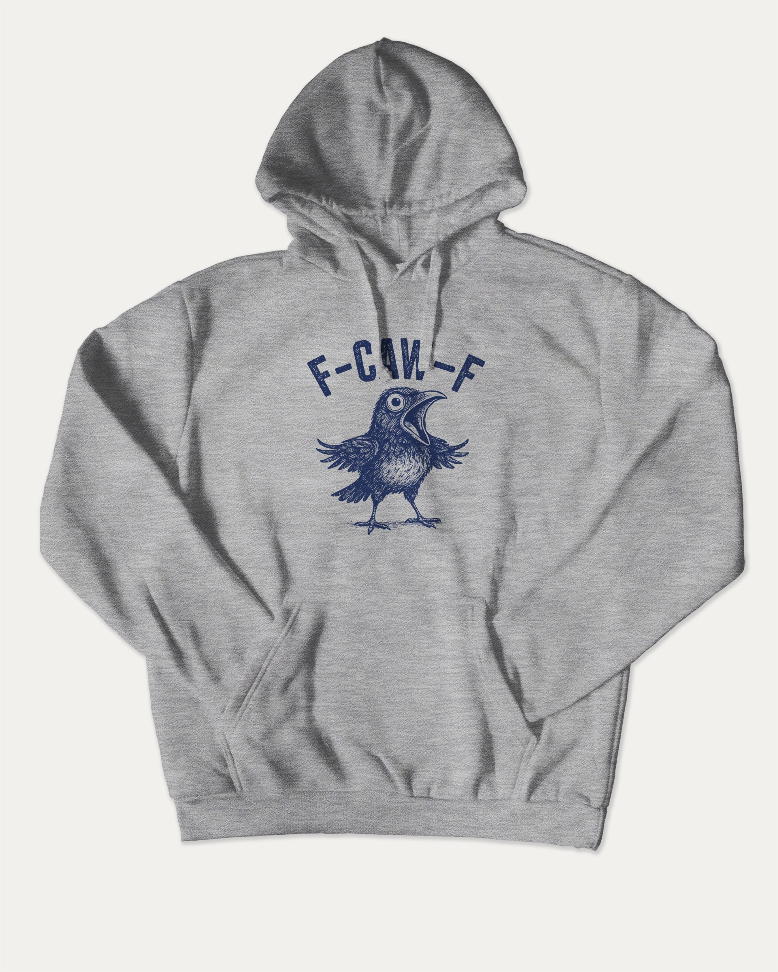 F-Caw-F Crow graphic hoodie with funny and trendy artwork, casual streetwear with bold personality. Great for adults and gifting. Heather Grey hoodie.