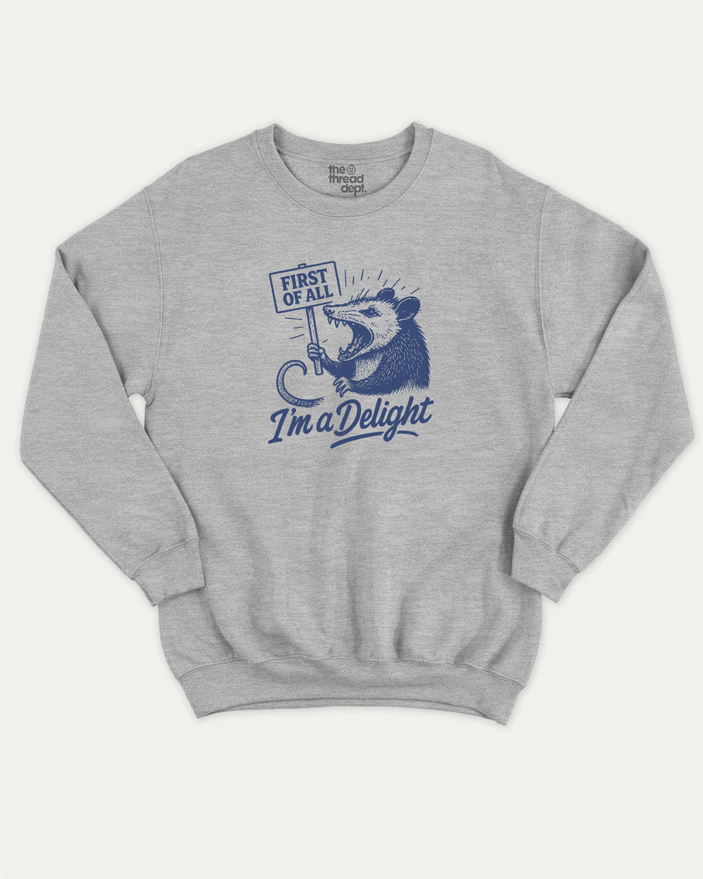 First Of All I'm A Delight Possum pullover sweatshirt, perfect for adults. A must-have possum graphic pullover, comfy cold-weather wear, bold casual look. Heather Grey sweater
