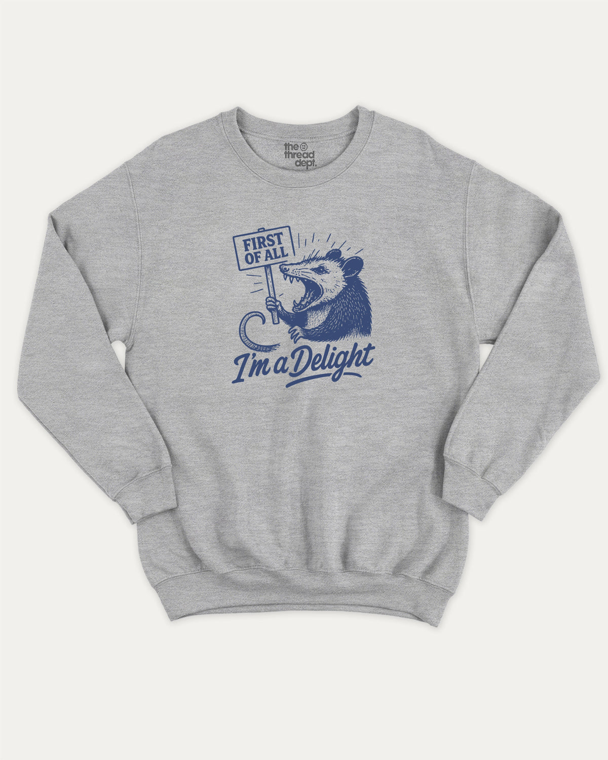 First Of All I'm A Delight Possum pullover sweatshirt, perfect for adults. A must-have possum graphic pullover, comfy cold-weather wear, bold casual look. Heather Grey sweater