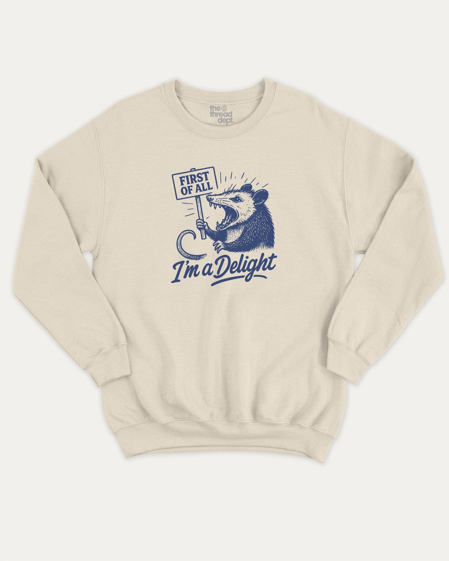 First Of All I'm A Delight Possum pullover sweatshirt, perfect for adults. A must-have possum graphic pullover, comfy cold-weather wear, bold casual look. Natural sweater