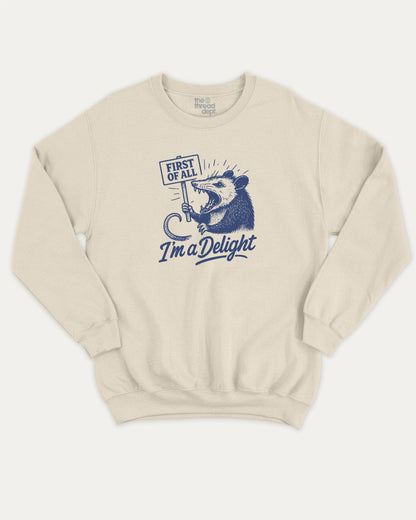 First Of All I'm A Delight Possum pullover sweatshirt, perfect for adults. A must-have possum graphic pullover, comfy cold-weather wear, bold casual look. Natural sweater