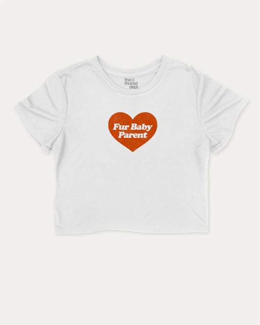 Fur Baby Parent graphic crop tee with funny and trendy slogan print, perfect for women’s casual looks or layering. Gift for Pet owner, Animal Lover, Dog owner, Cat owner Graphic Tee, White crop t-shirt.
