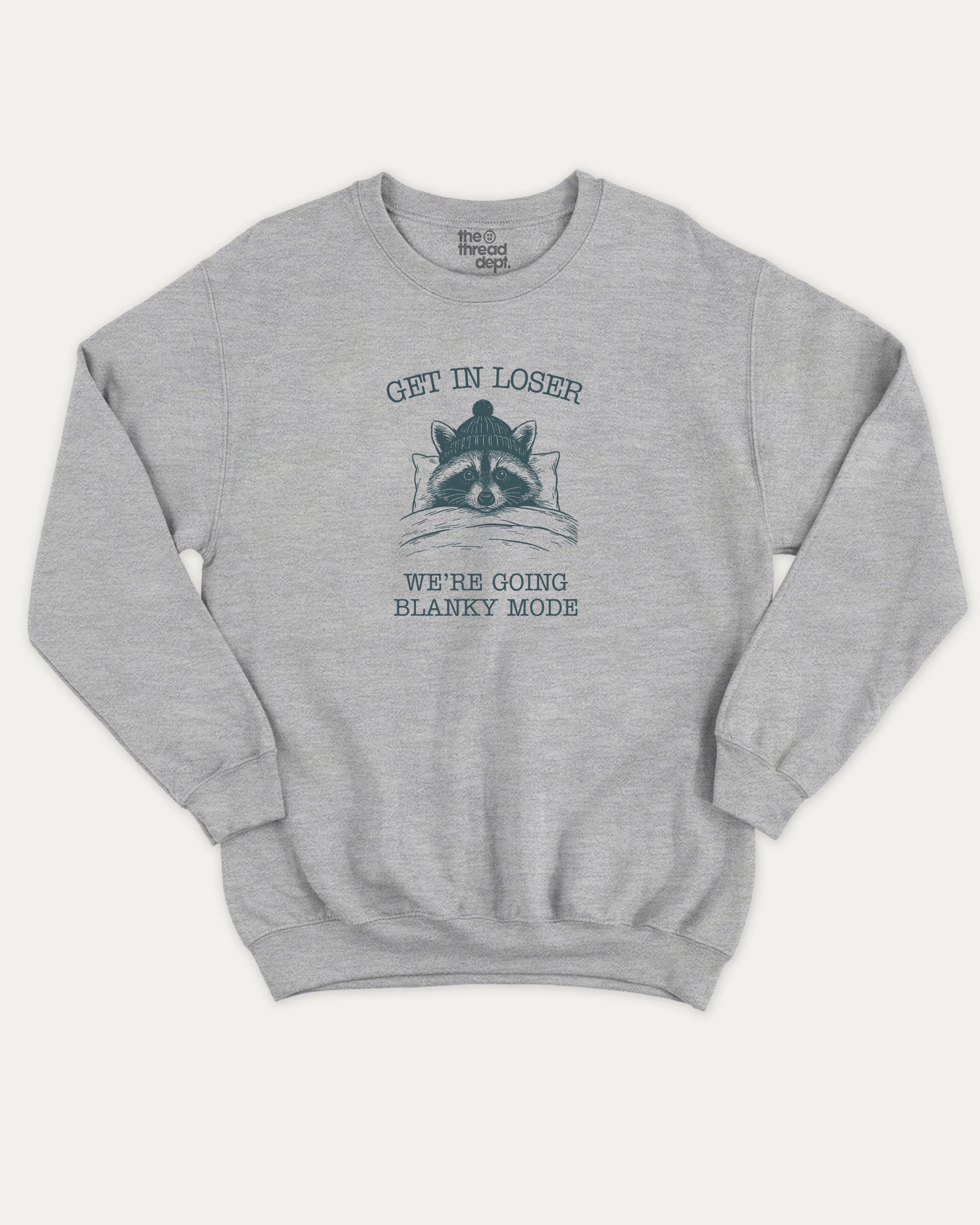 Get In Loser We're Going Blanky Mode pullover sweatshirt, perfect for adults. A must-have racoon graphic pullover, comfy cold-weather wear, bold casual look. Heather Grey sweater