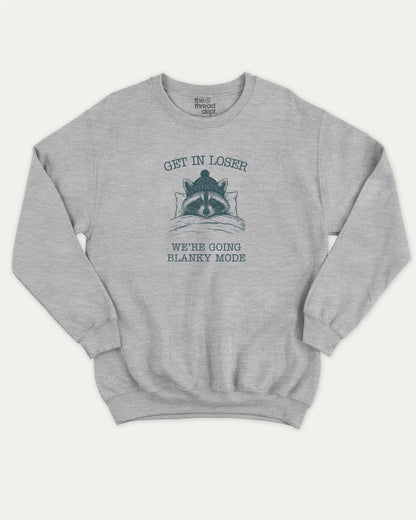 Get In Loser We're Going Blanky Mode pullover sweatshirt, perfect for adults. A must-have racoon graphic pullover, comfy cold-weather wear, bold casual look. Heather Grey sweater