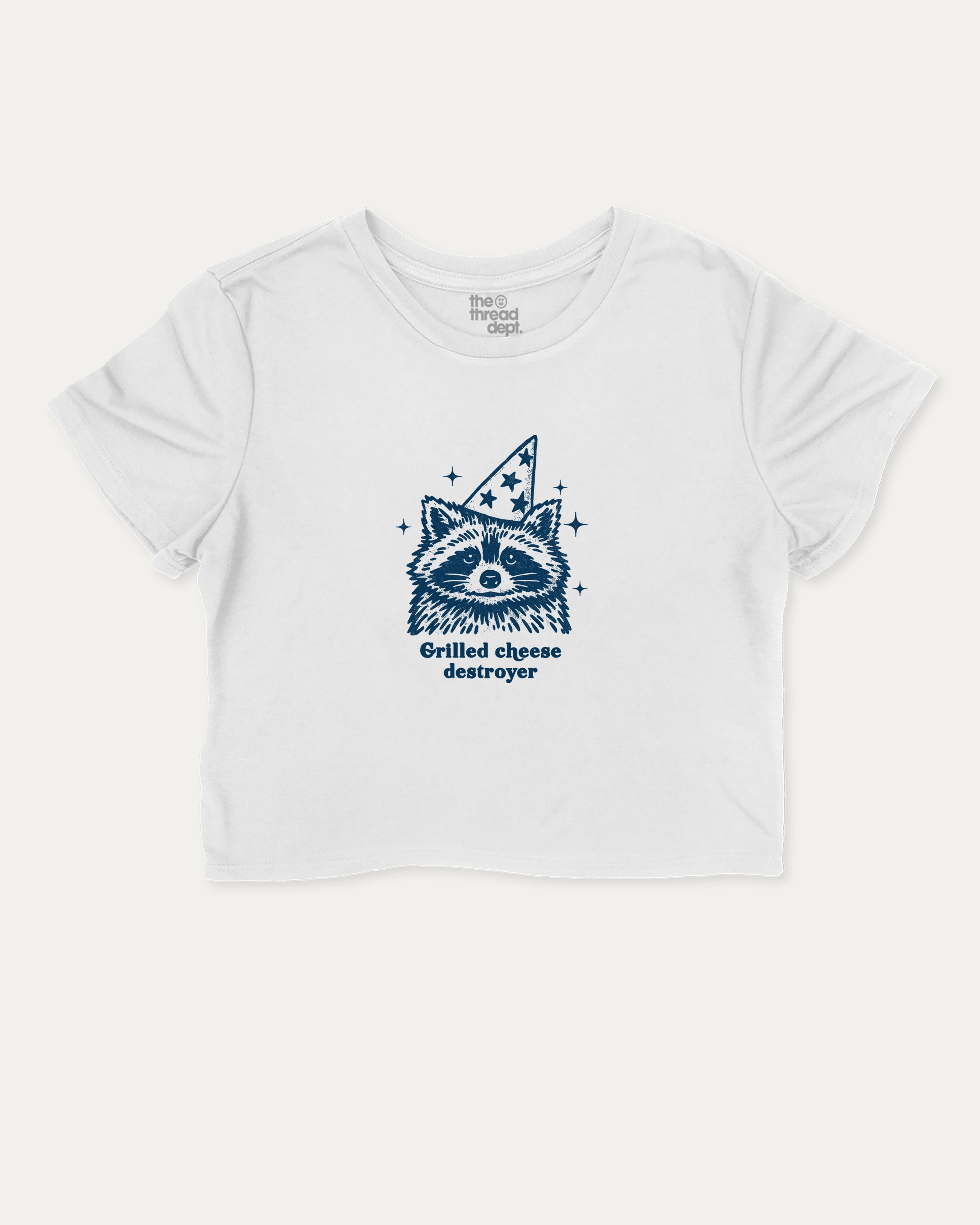 Grilled cheese destroyer graphic crop tee with raccoon graphic, perfect for women’s casual looks or layering. White crop t-shirt.