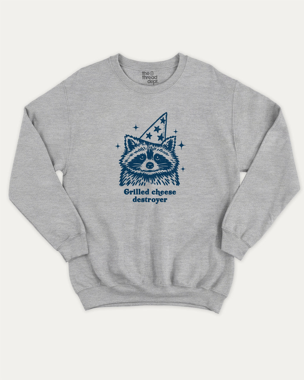 Grilled cheese destroyer graphic sweatshirt with raccoon print, warm and cozy graphic for everyday wear. Perfect for adults and gift-giving. Heather Grey pullover.