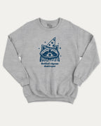 Grilled cheese destroyer graphic sweatshirt with raccoon print, warm and cozy graphic for everyday wear. Perfect for adults and gift-giving. Heather Grey pullover.