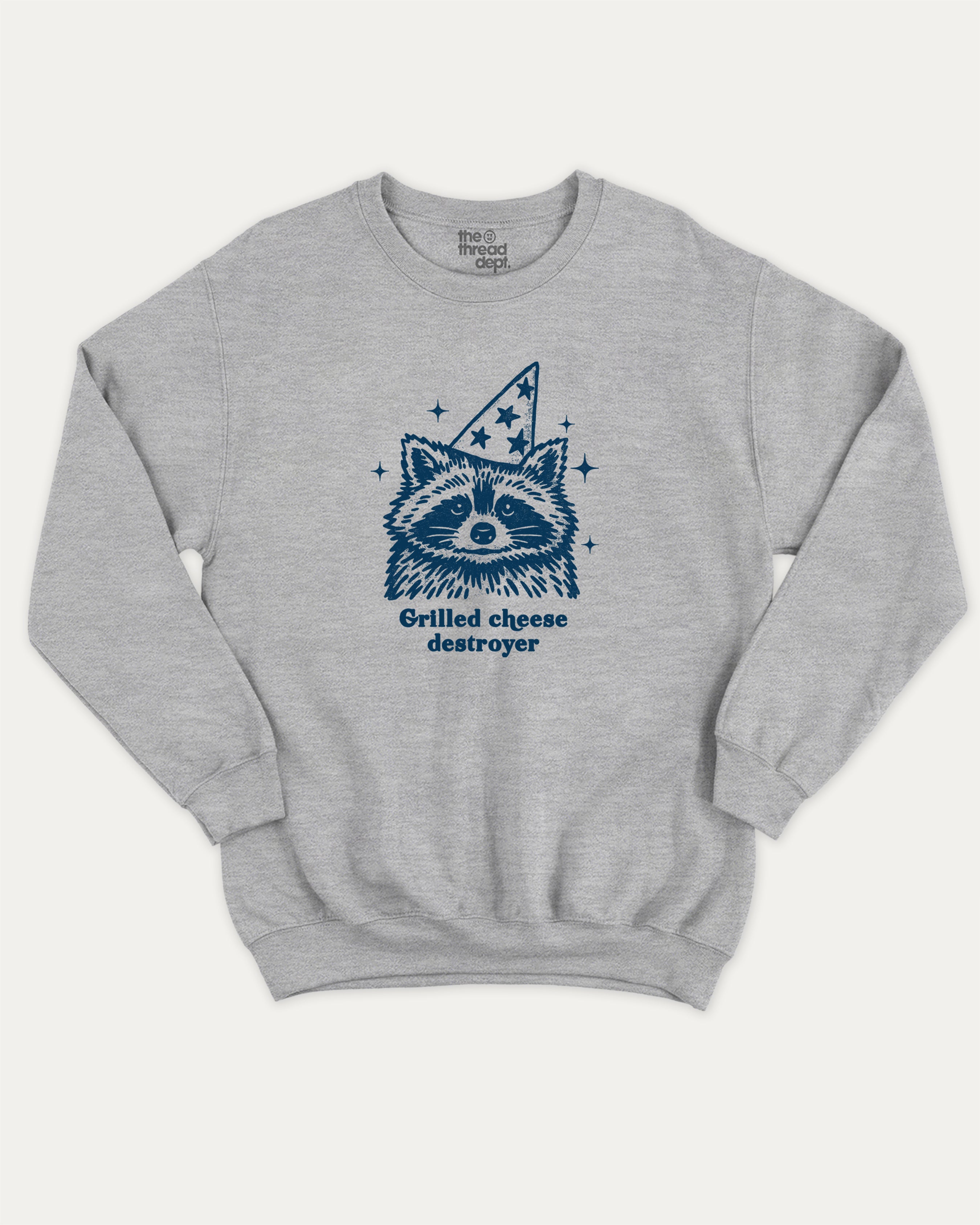 Grilled cheese destroyer graphic sweatshirt with raccoon print, warm and cozy graphic for everyday wear. Perfect for adults and gift-giving. Heather Grey pullover.