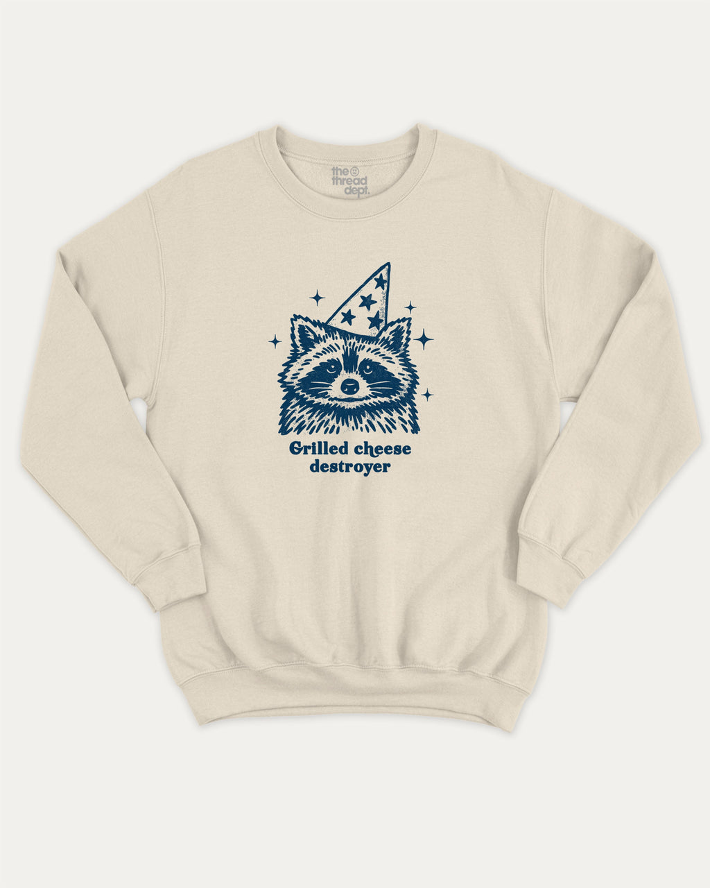 Grilled cheese destroyer graphic sweatshirt with raccoon print, warm and cozy graphic for everyday wear. Perfect for adults and gift-giving. Natural pullover.