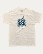 Grilled cheese destroyer graphic tee with raccoon graphic, funny and trendy graphic. Perfect for adults and gift-giving. Cream shirt.