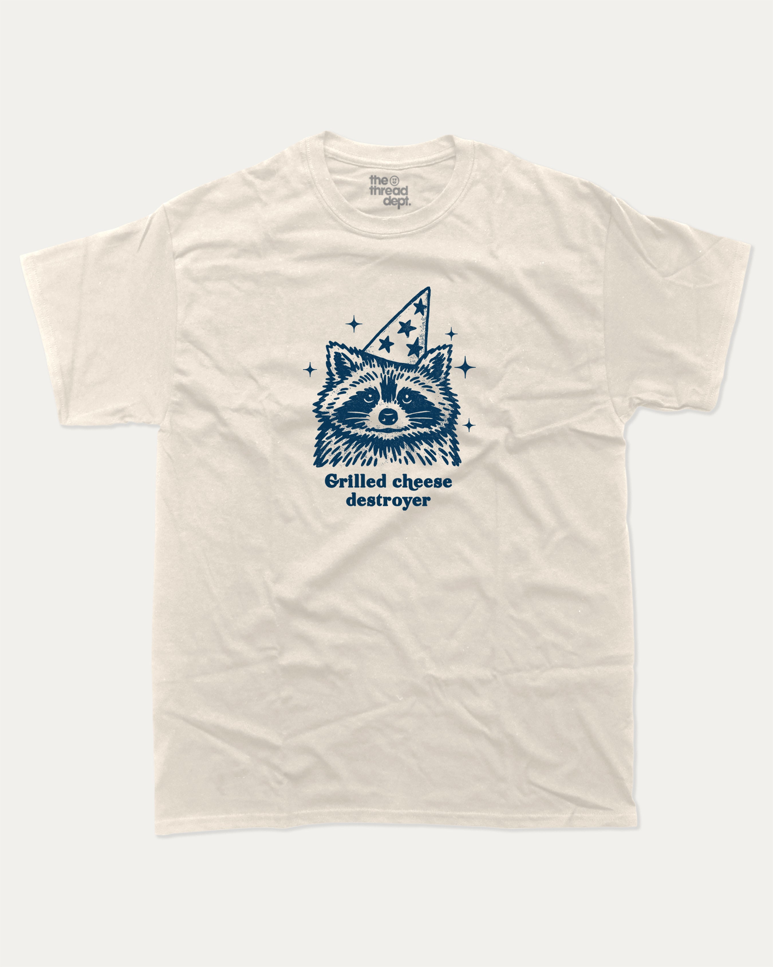 Grilled cheese destroyer graphic tee with raccoon graphic, funny and trendy graphic. Perfect for adults and gift-giving. Cream shirt.