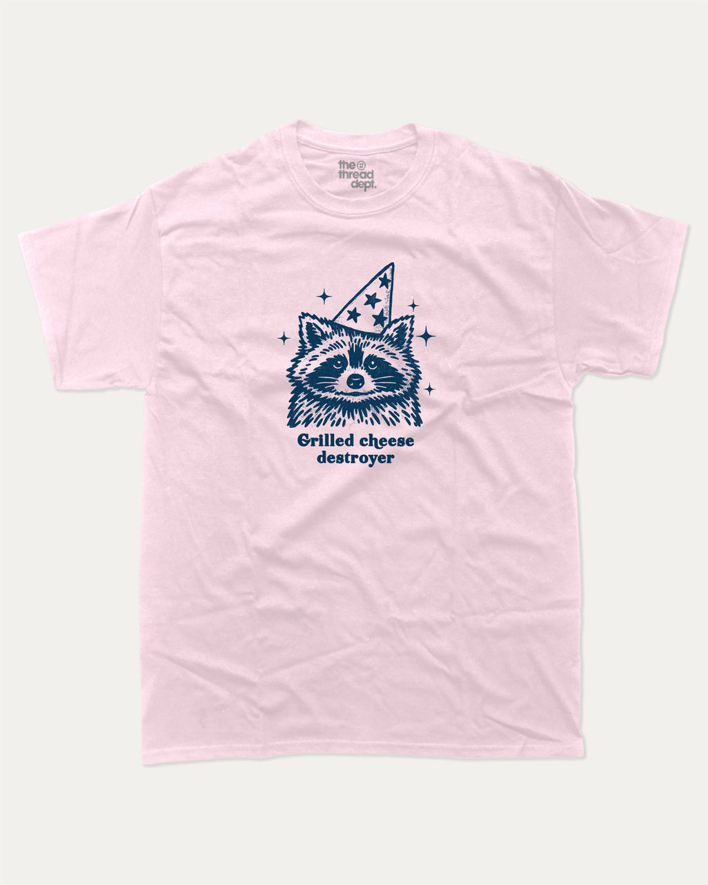 Grilled cheese destroyer graphic tee with raccoon graphic, funny and trendy graphic. Perfect for adults and gift-giving. Pink shirt.