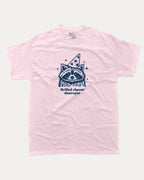 Grilled cheese destroyer graphic tee with raccoon graphic, funny and trendy graphic. Perfect for adults and gift-giving. Pink shirt.