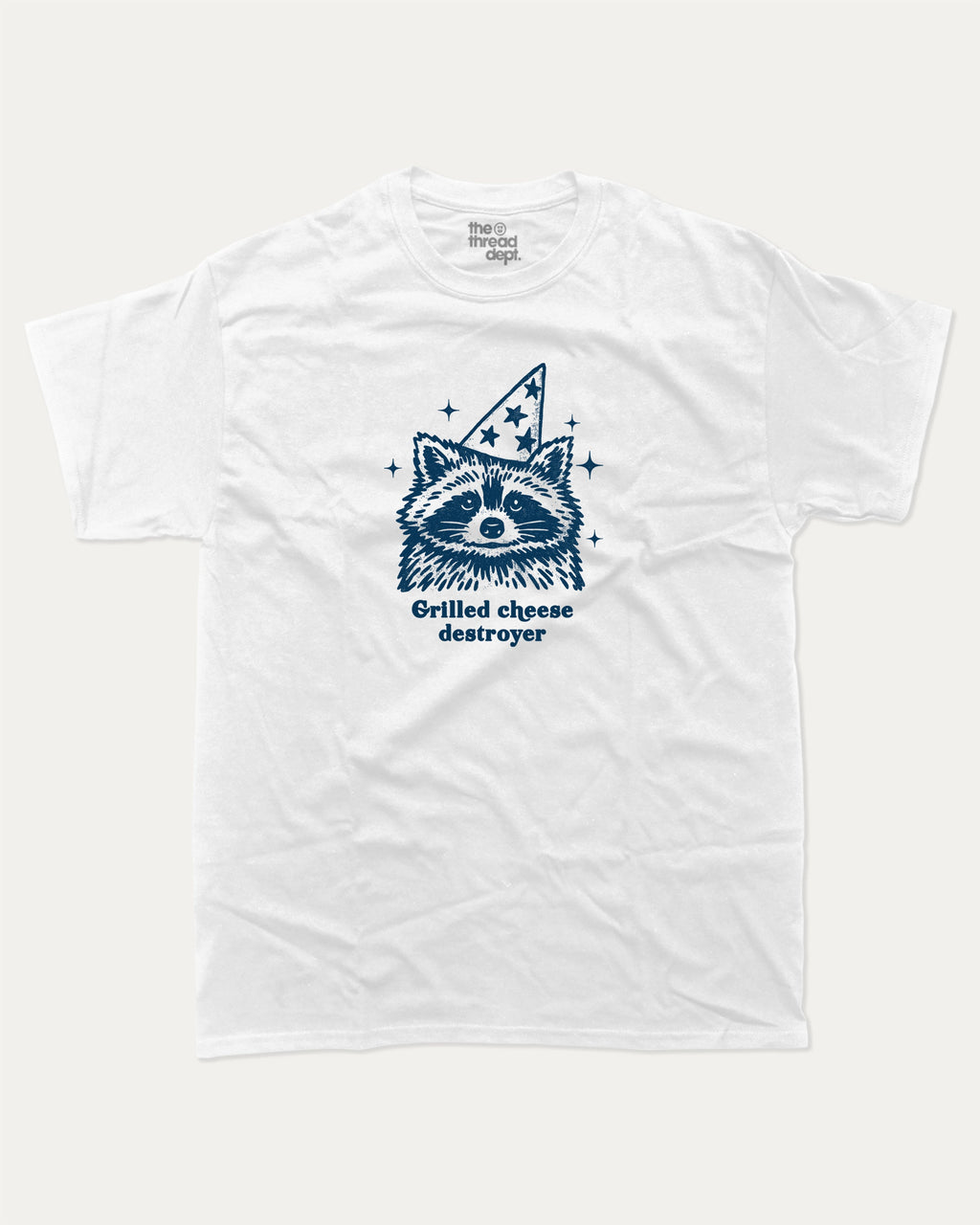 Grilled cheese destroyer graphic tee with raccoon graphic, funny and trendy graphic. Perfect for adults and gift-giving. White shirt.