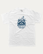 Grilled cheese destroyer graphic tee with raccoon graphic, funny and trendy graphic. Perfect for adults and gift-giving. White shirt.