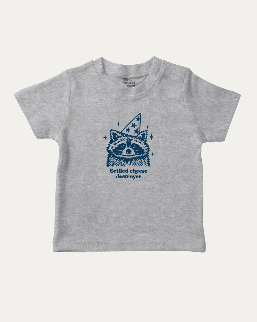 Grilled cheese destroyer graphic tee with raccoon graphic, funny and trendy graphic. Perfect for adults and gift-giving. Heather Grey shirt.